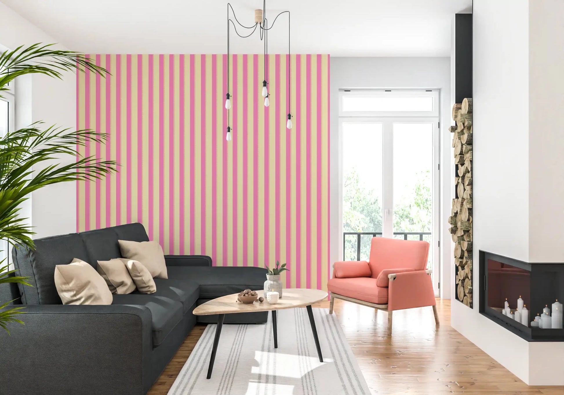 Sunlit seating area with Pink Stripe Delight Wallpaper and a warm modern touch, GD8902