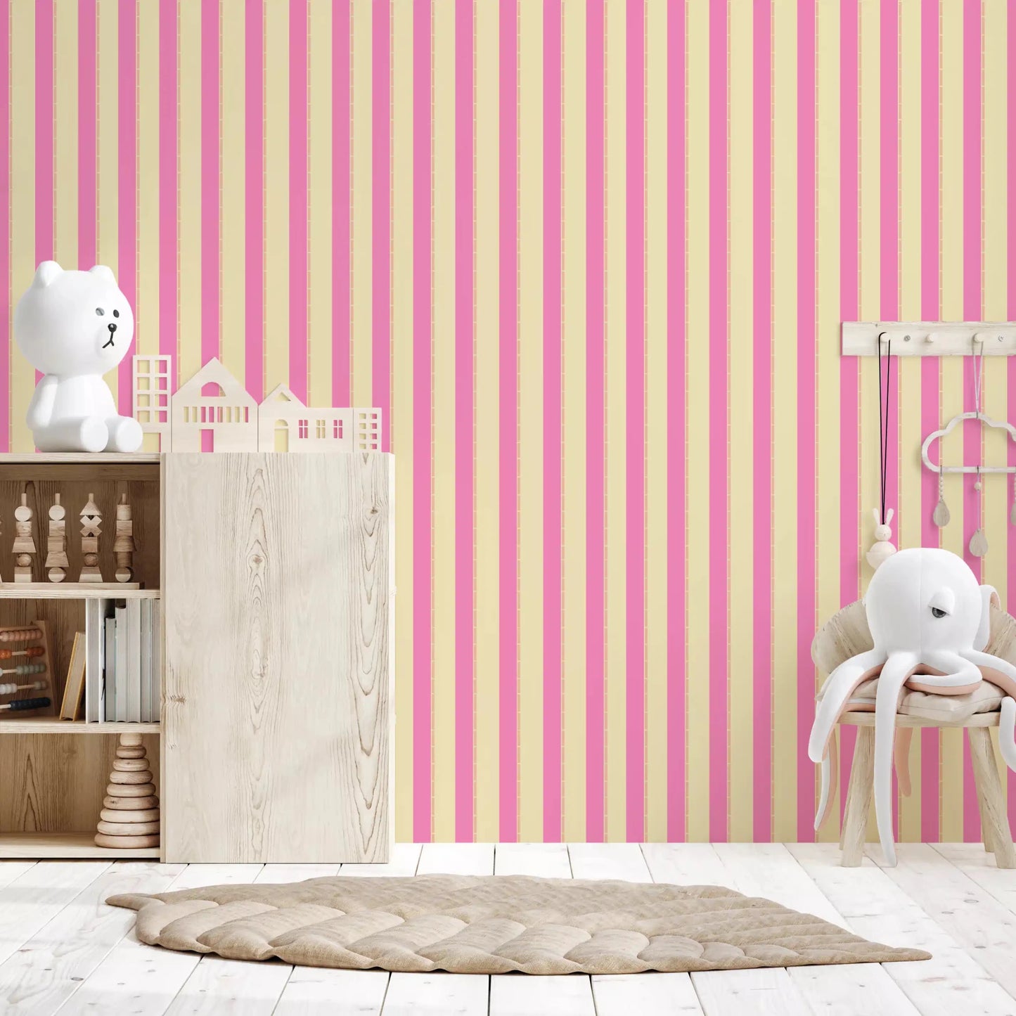 Shelving and bunny accents styled with Pink Stripe Delight Wallpaper in a kids room, GD8902