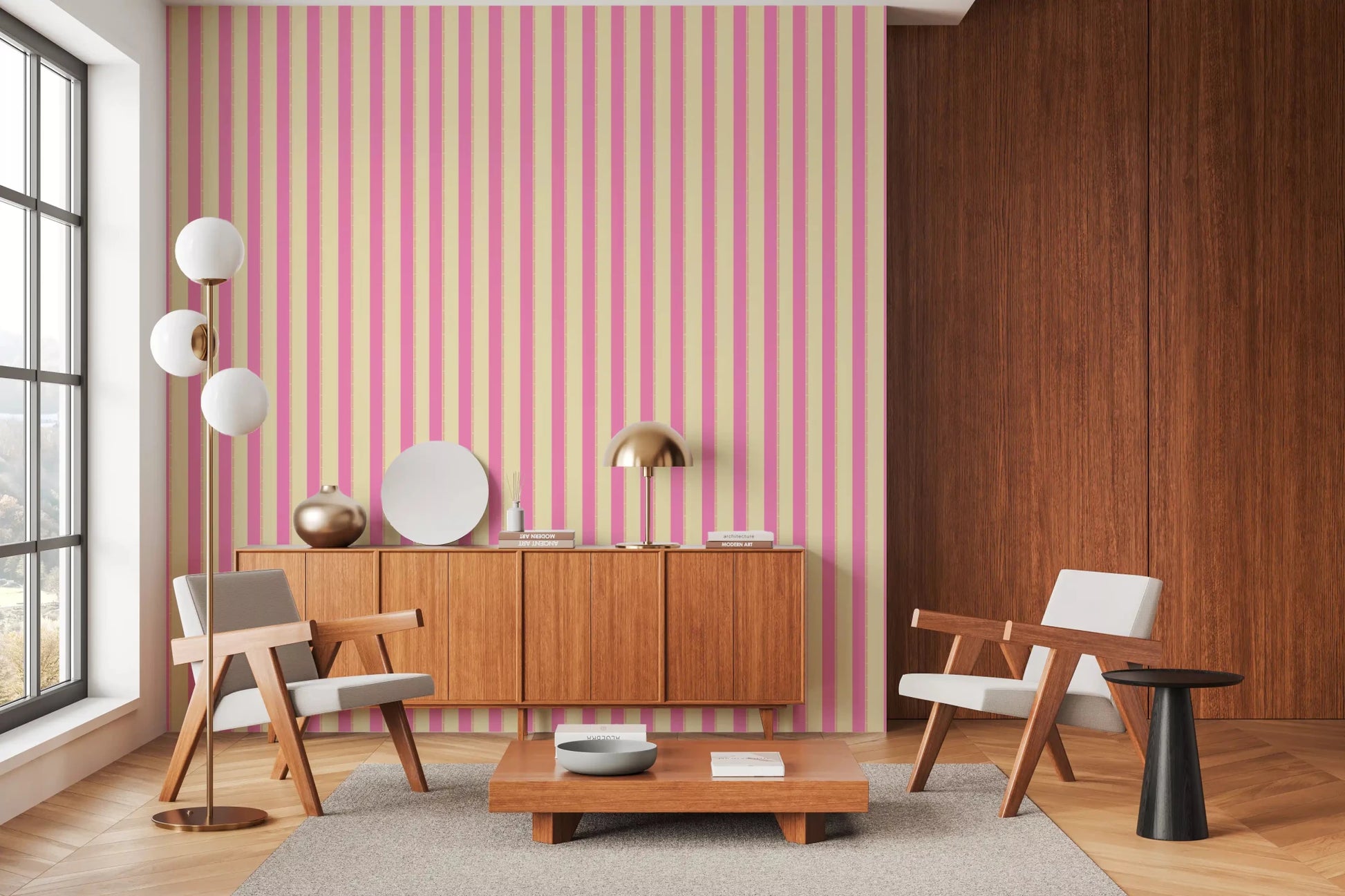 Pink Stripe Delight Wallpaper set beneath a sloped ceiling in a calm Living room, GD8902