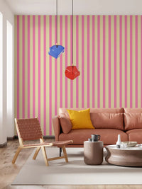 Pink Stripe Delight Wallpaper behind open shelving in a relaxed lounge setting, GD8902