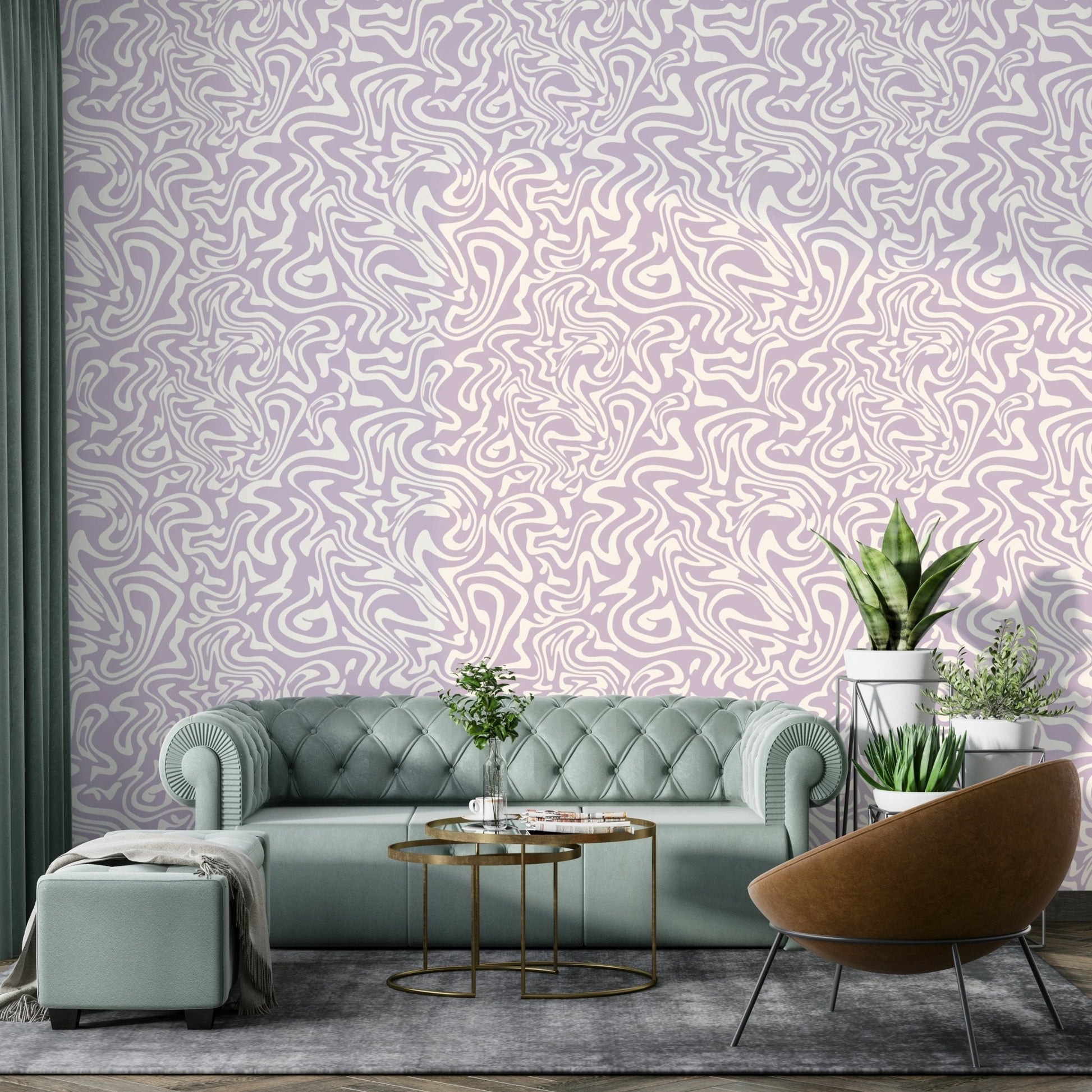 A close-up of a pink swirl pattern on a light-colored wallpaper., GD4397