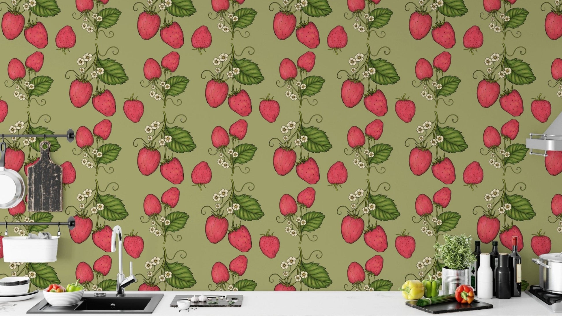 Pink strawberry design wallpaper for whimsical interiors.
