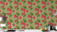 Pink strawberry design wallpaper for whimsical interiors.
