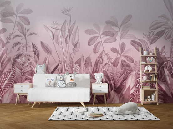Pink tropical jungle wallpaper mural C218