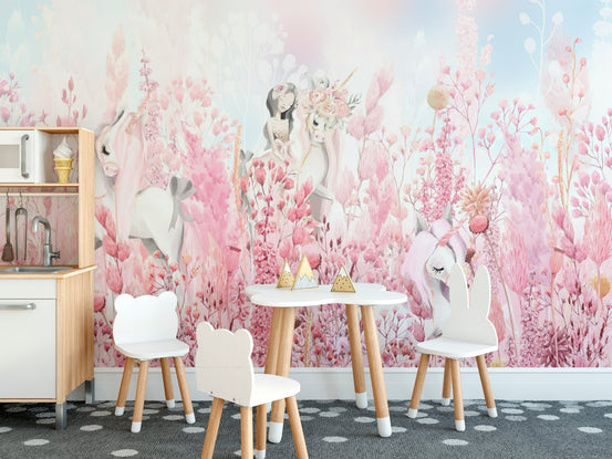 Pink forest wonderland unicorn mural, C106