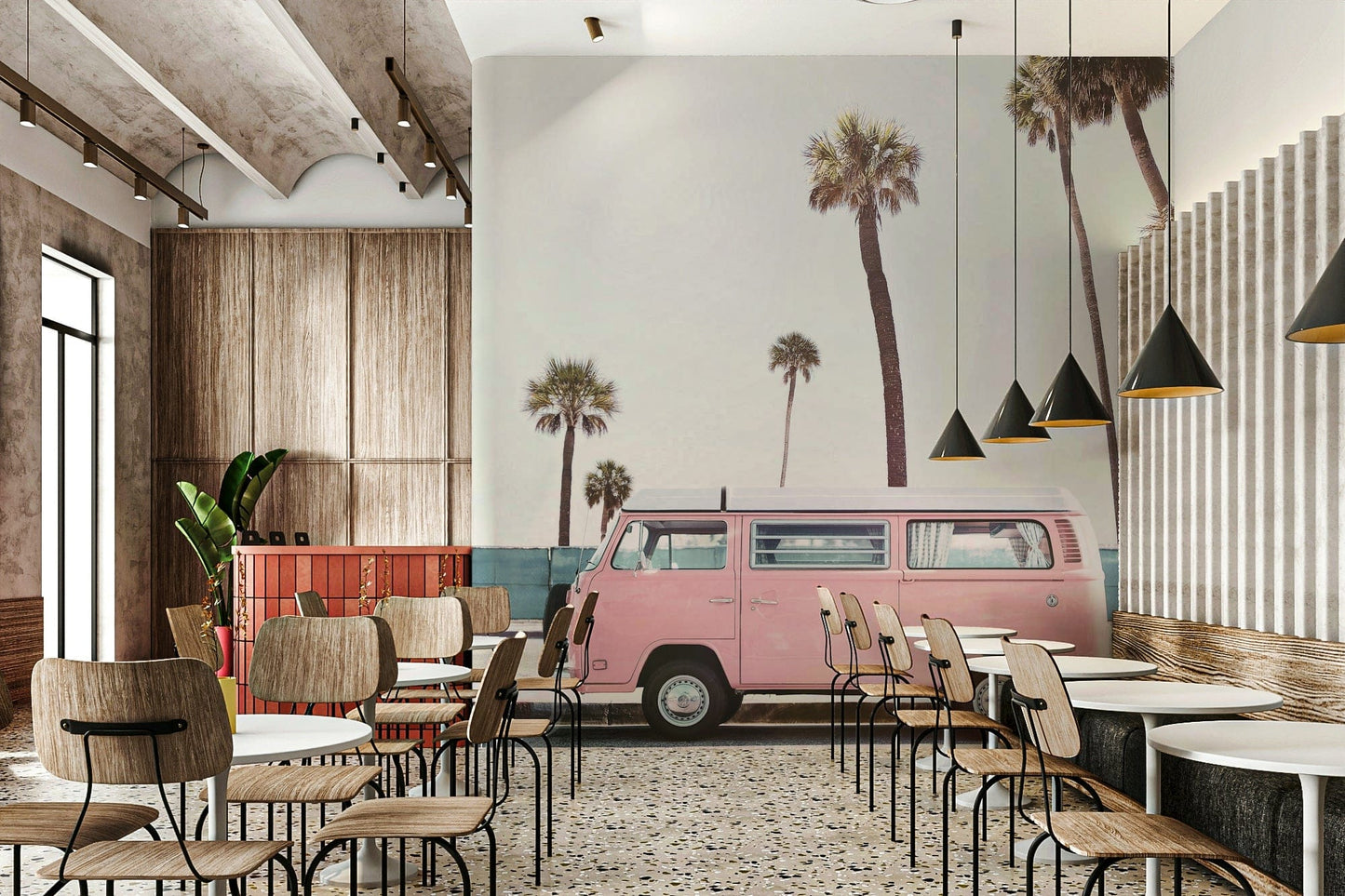 Pink Volkswagen van beach scene

