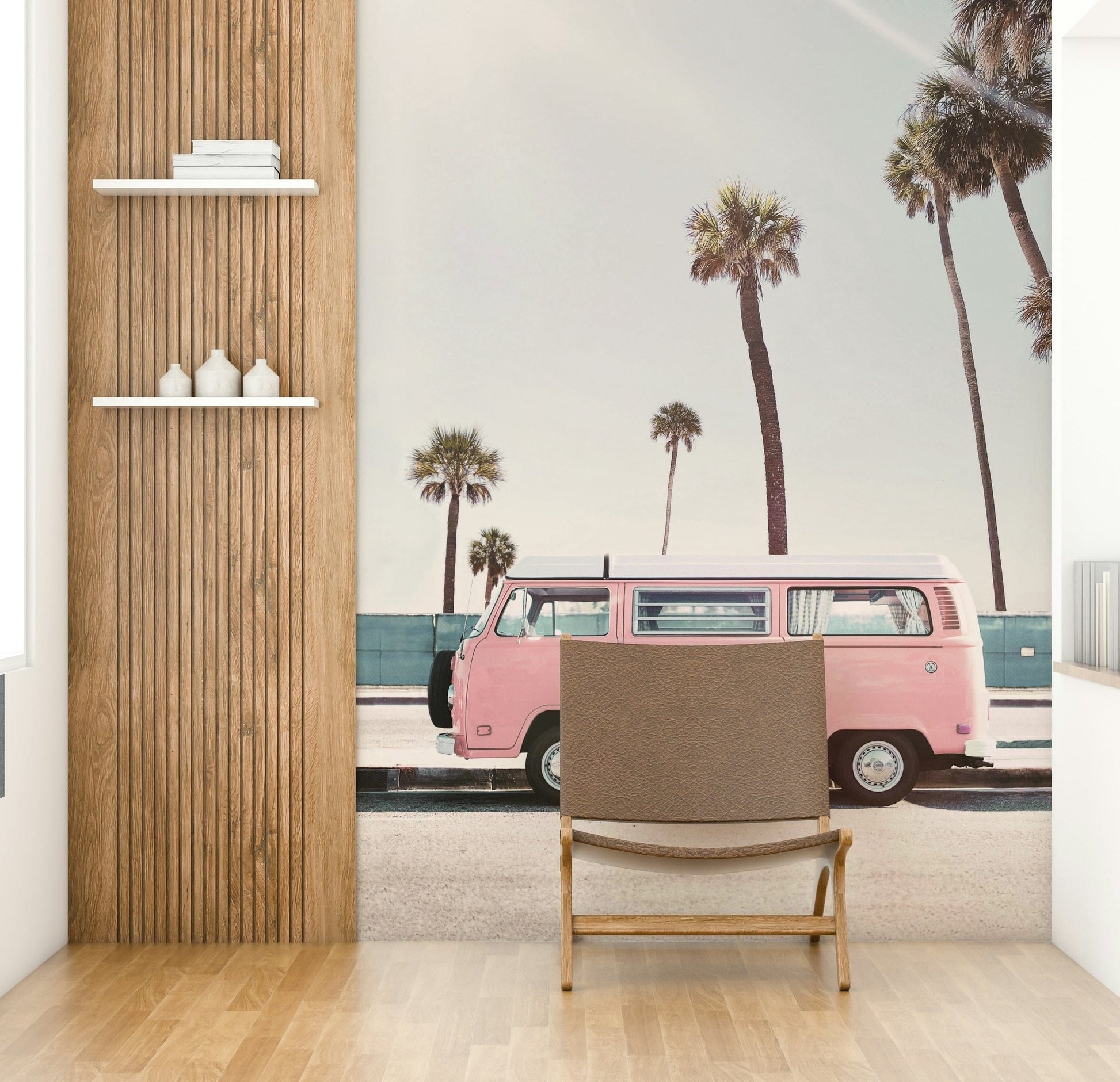 Pink van under tropical sunshine

