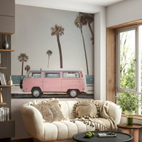 Vintage pink bus roadside photo

