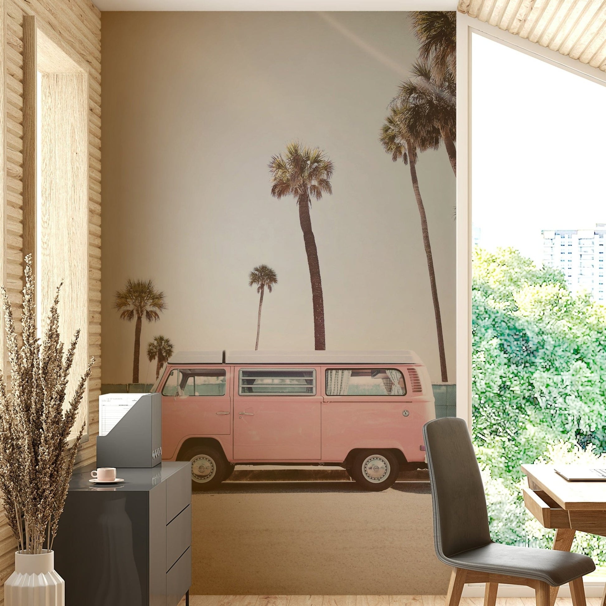 Classic van parked near coastline

