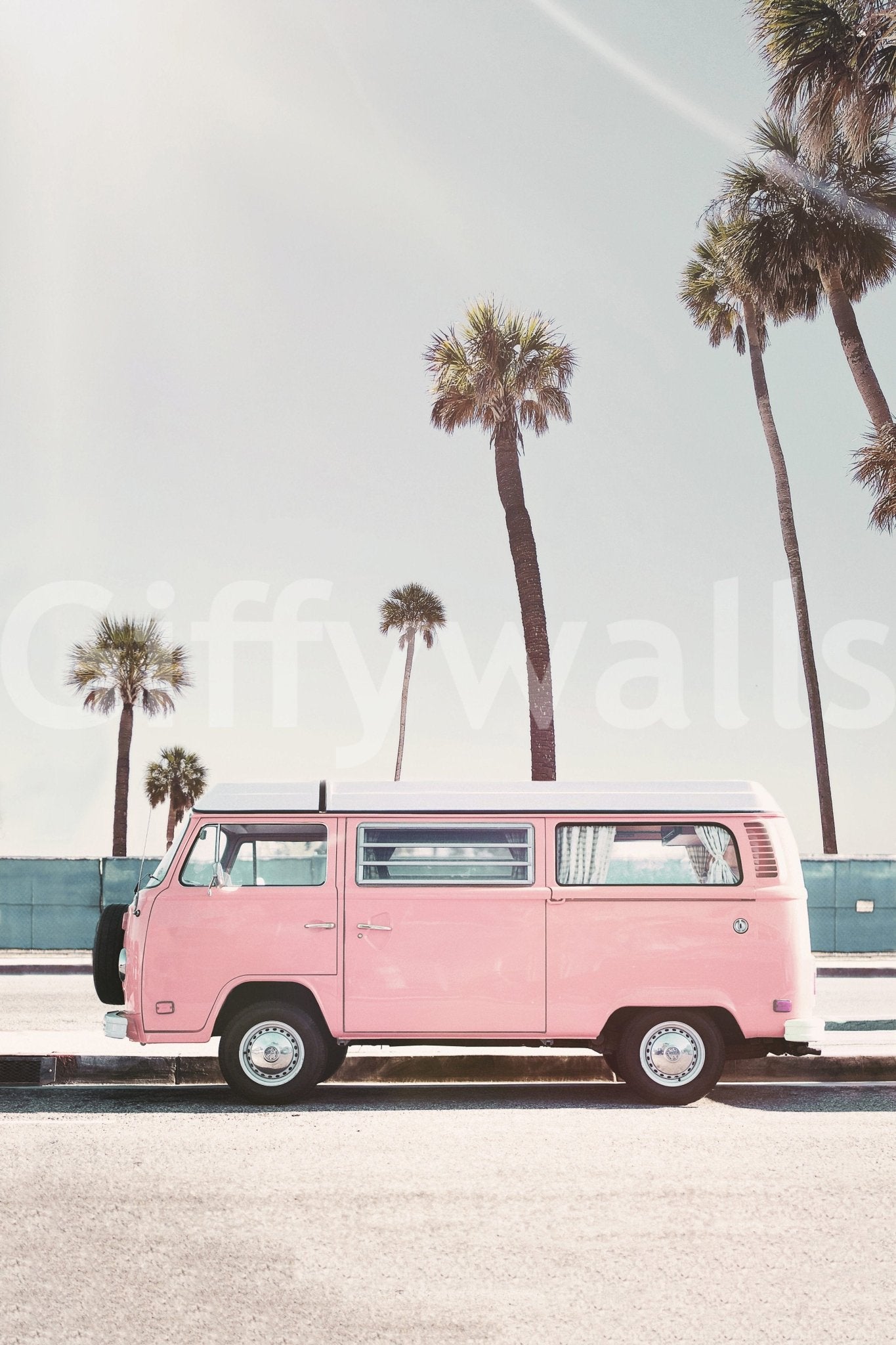 Cute pink van on sunny street

