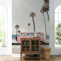 Retro camper van in pastel pink

