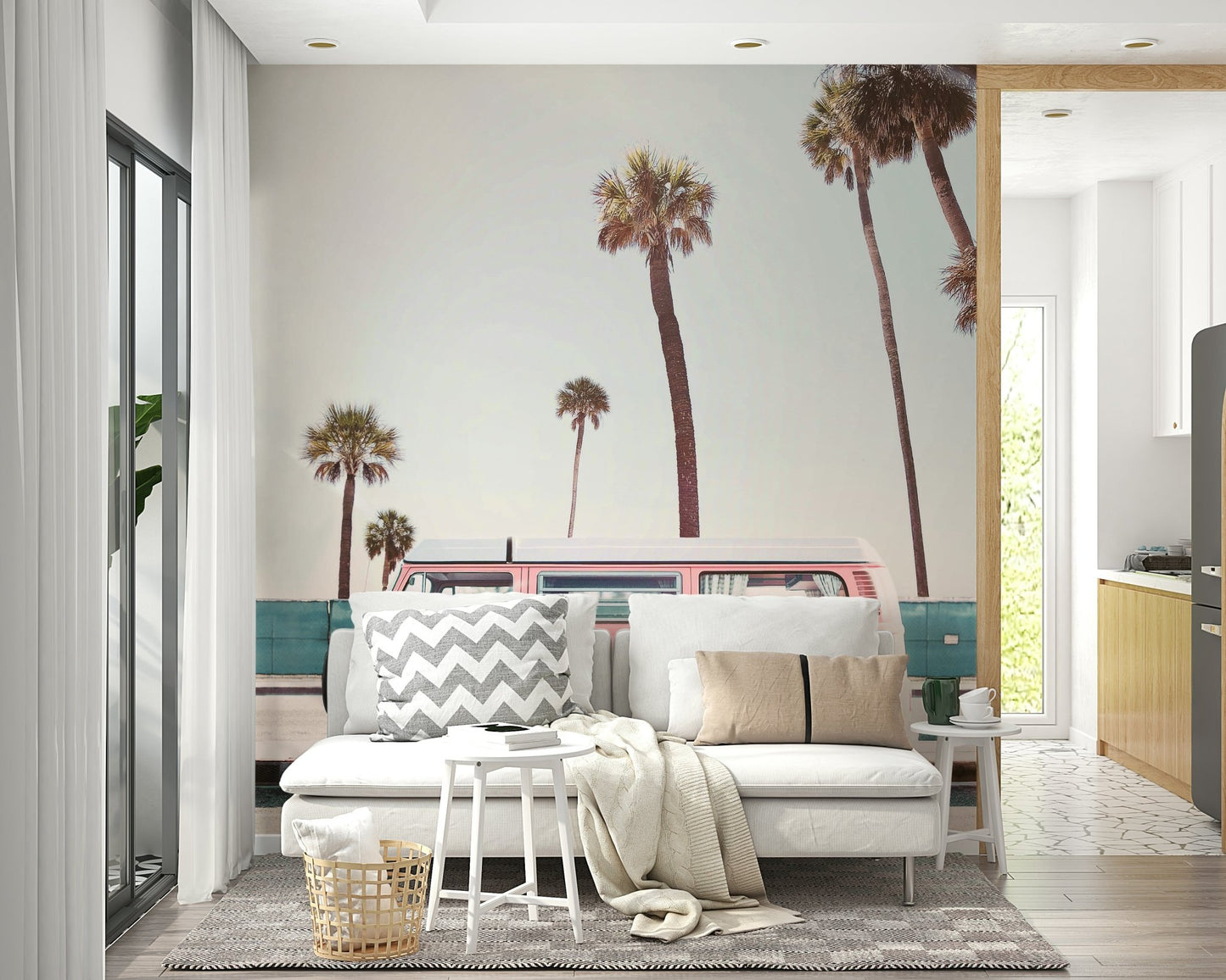 a painting of a pink camper van

