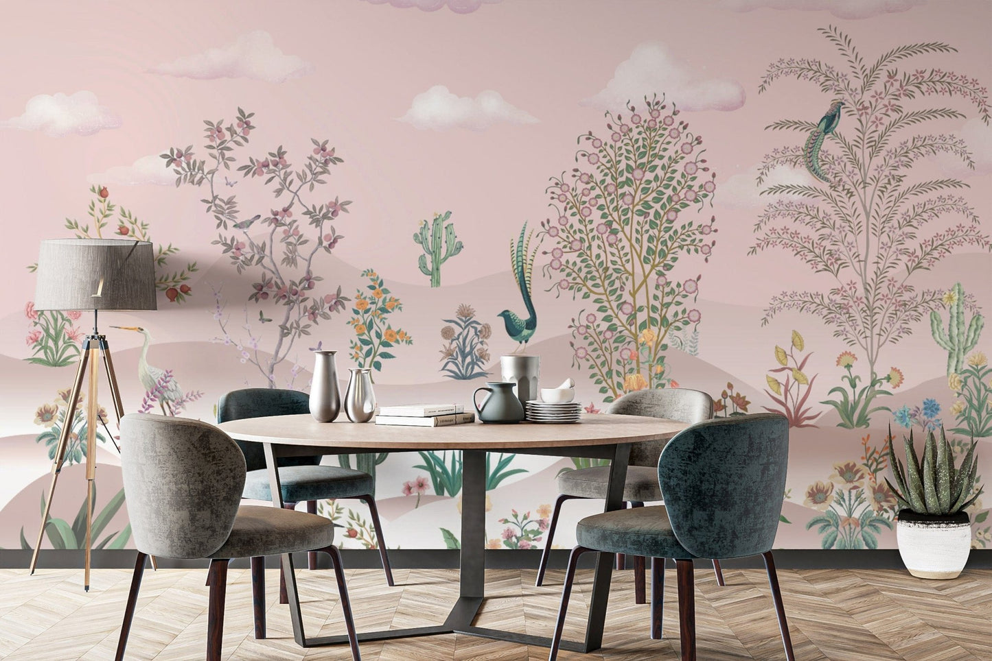 Desert botanical wallpaper with birds
