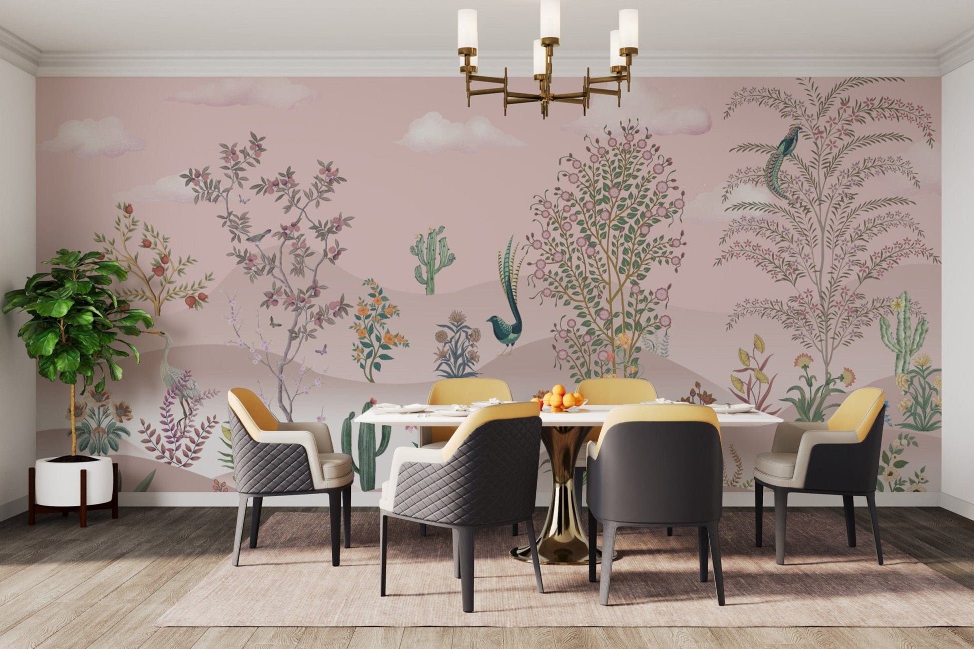 Soft pink botanical wallpaper design
