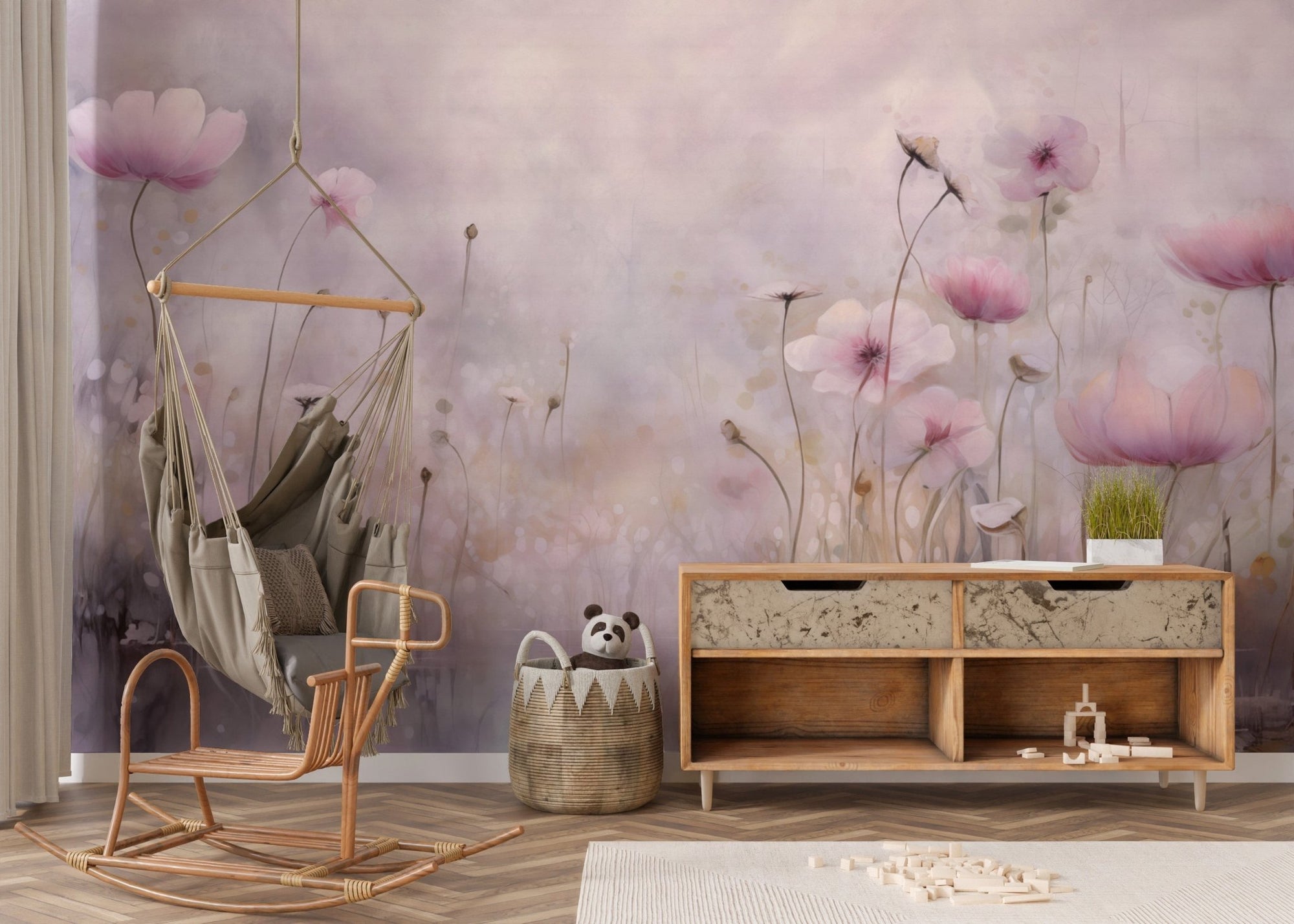 Pink water poppies floral wallpaper for a serene, elegant room., DTIL37