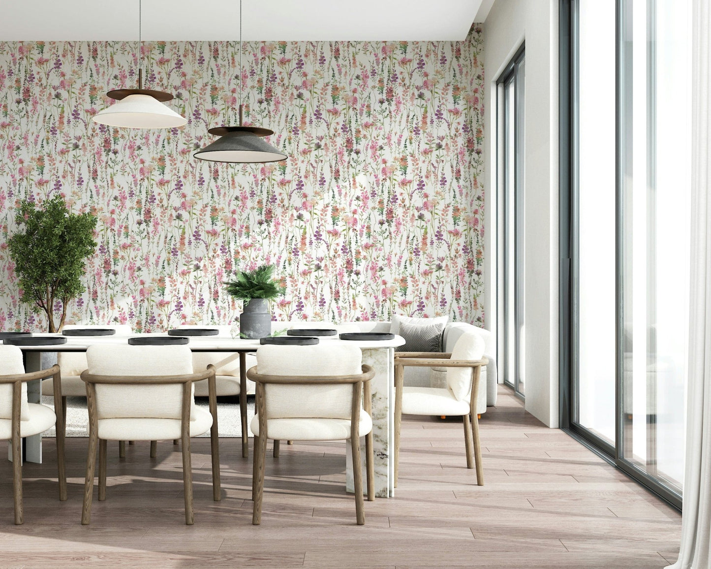 Ethereal wildflower Pink Watercolor Meadow peel and stick wallpaper.