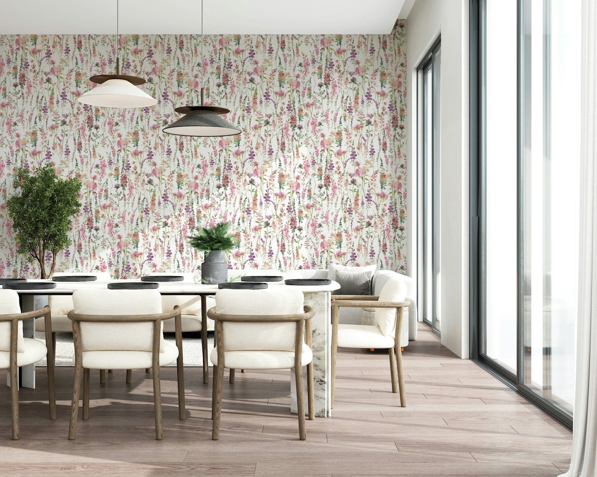 Ethereal wildflower Pink Watercolor Meadow peel and stick wallpaper.