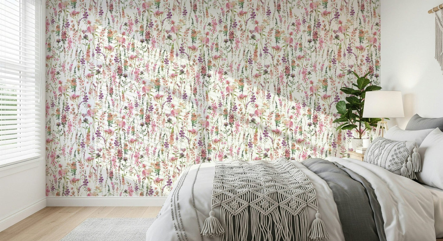 Botanical Pink Watercolor Meadow wall mural with garden vibes.