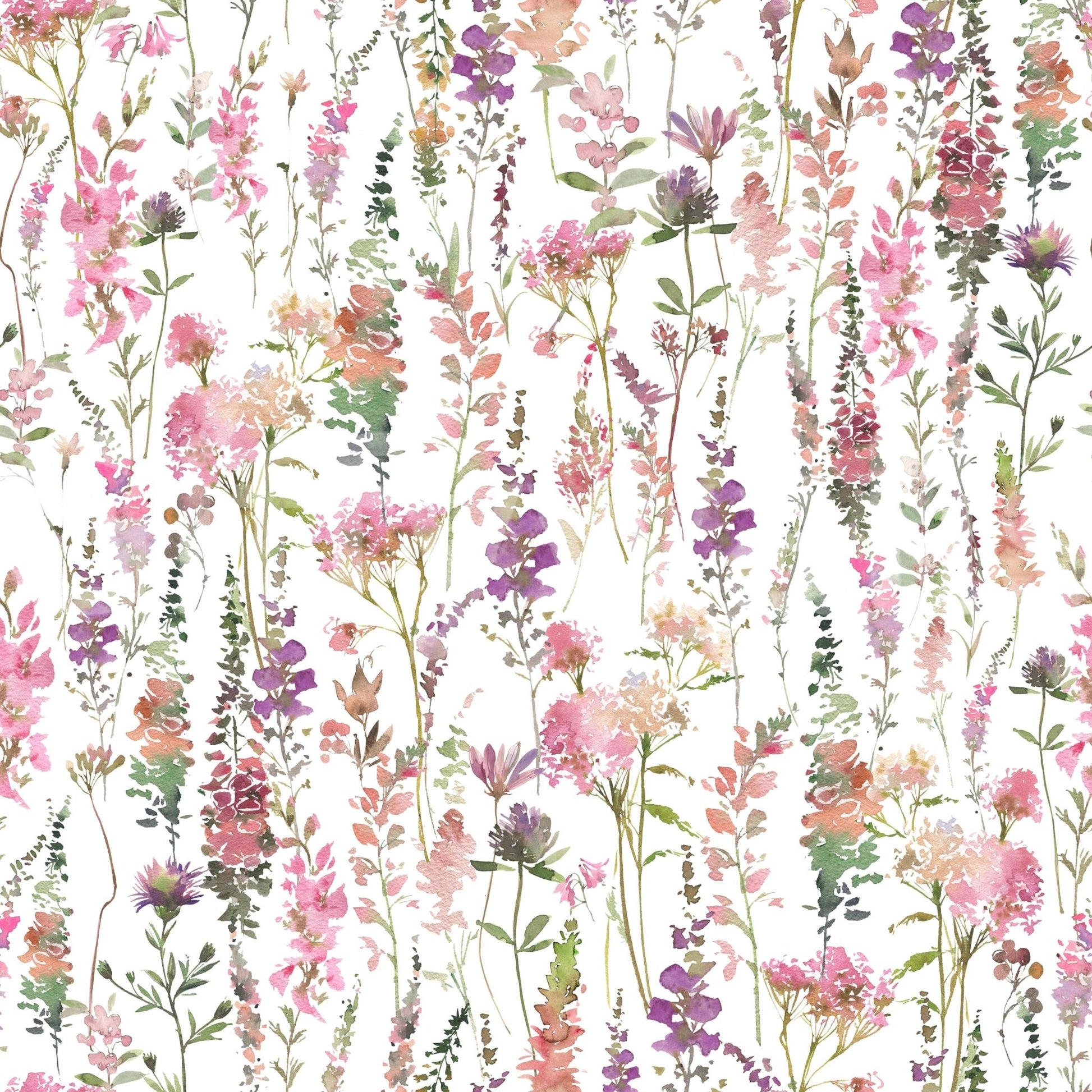 Charming Pink Watercolor Meadow wall mural for bedroom interiors.