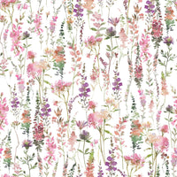 Charming Pink Watercolor Meadow wall mural for bedroom interiors.