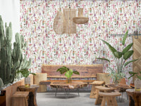Whimsical Pink Watercolor Meadow wallpaper for walls blossom details.