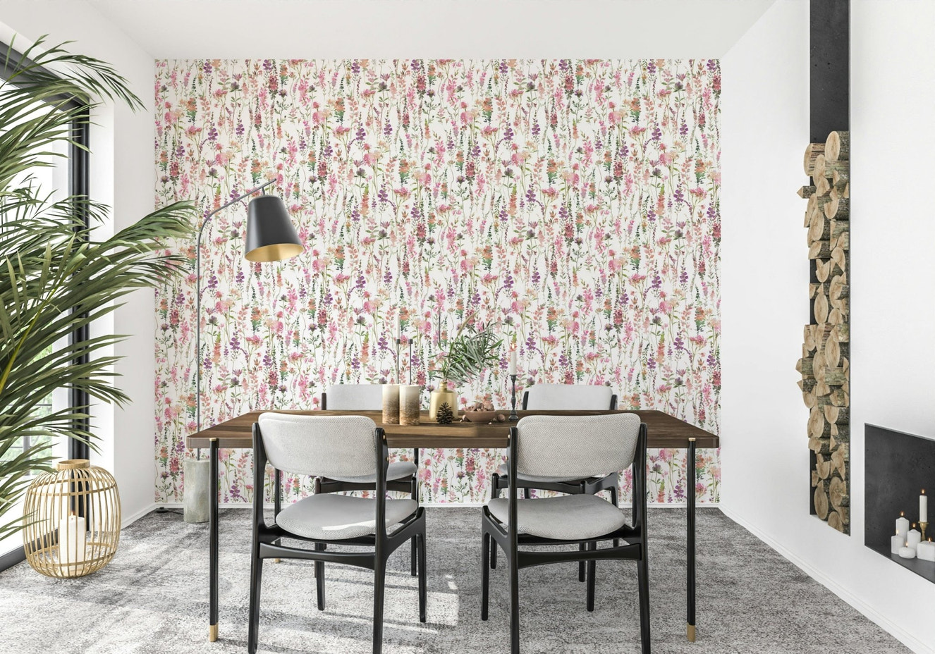 Pink Watercolor Meadow wallpaper for walls featuring soft blooms.