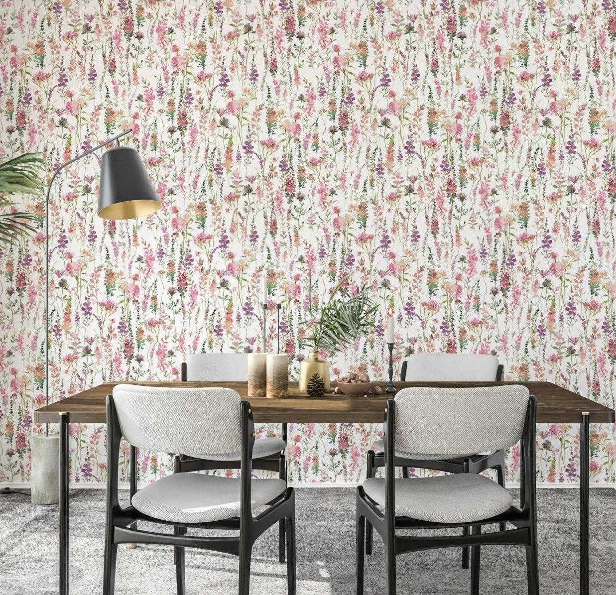 Pink Watercolor Meadow wallpaper for walls featuring soft blooms.