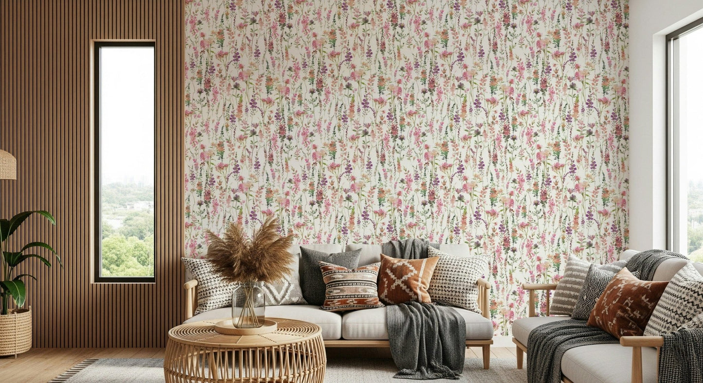 Serene Pink Watercolor Meadow peel and stick wallpaper aesthetic.