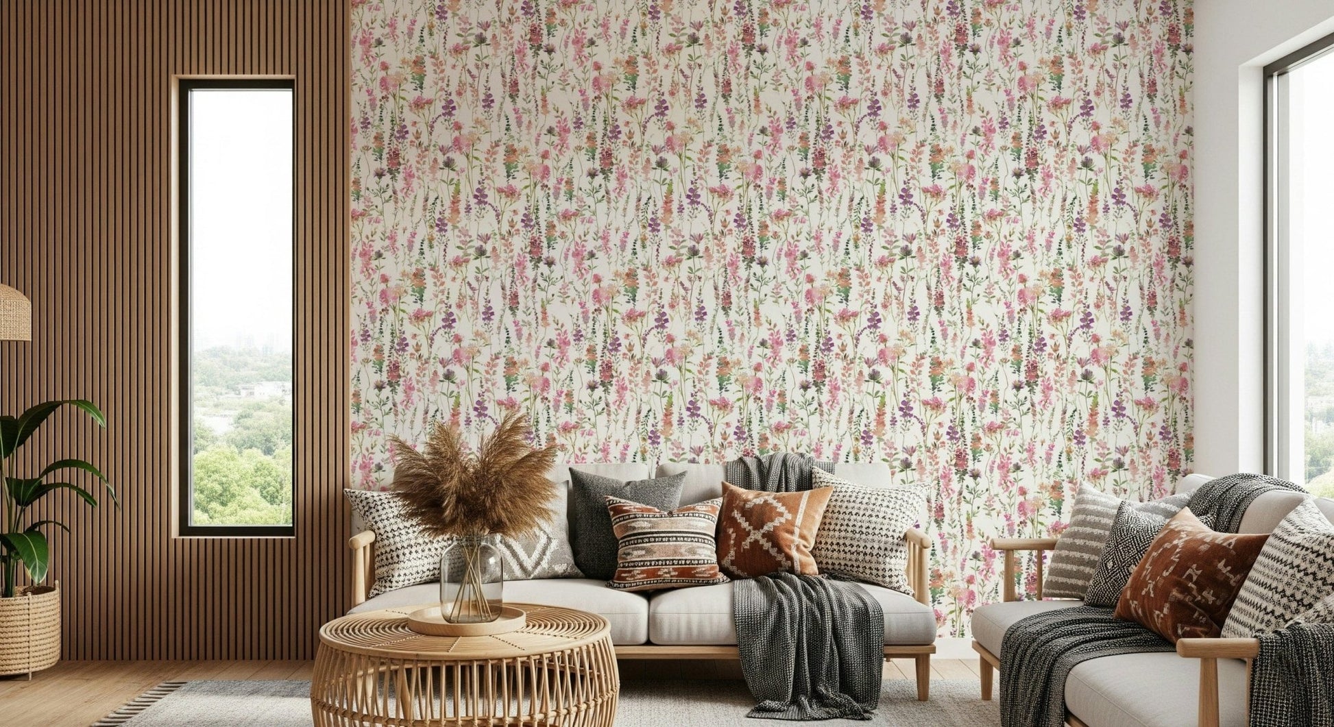Serene Pink Watercolor Meadow peel and stick wallpaper aesthetic.