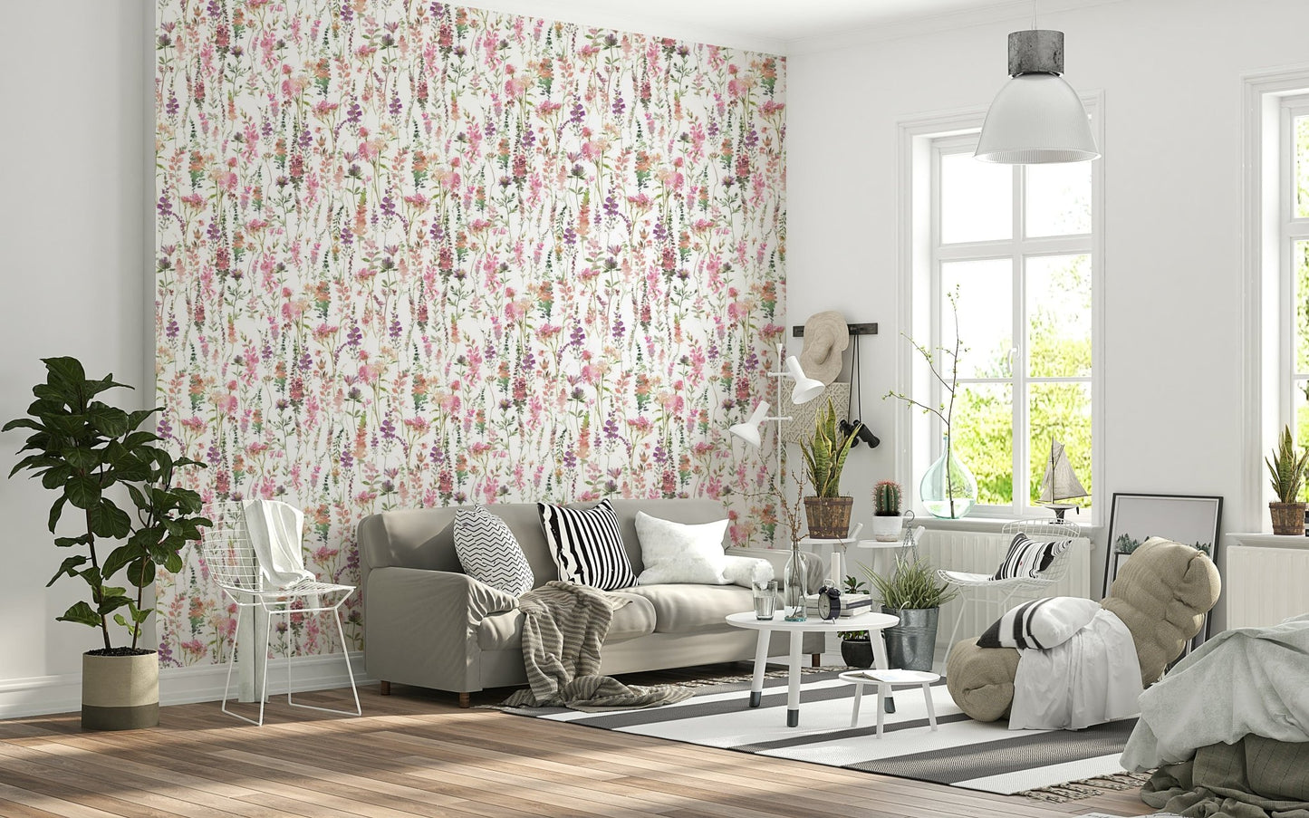 Elegant Pink Watercolor Meadow wall mural displaying spring meadow.
