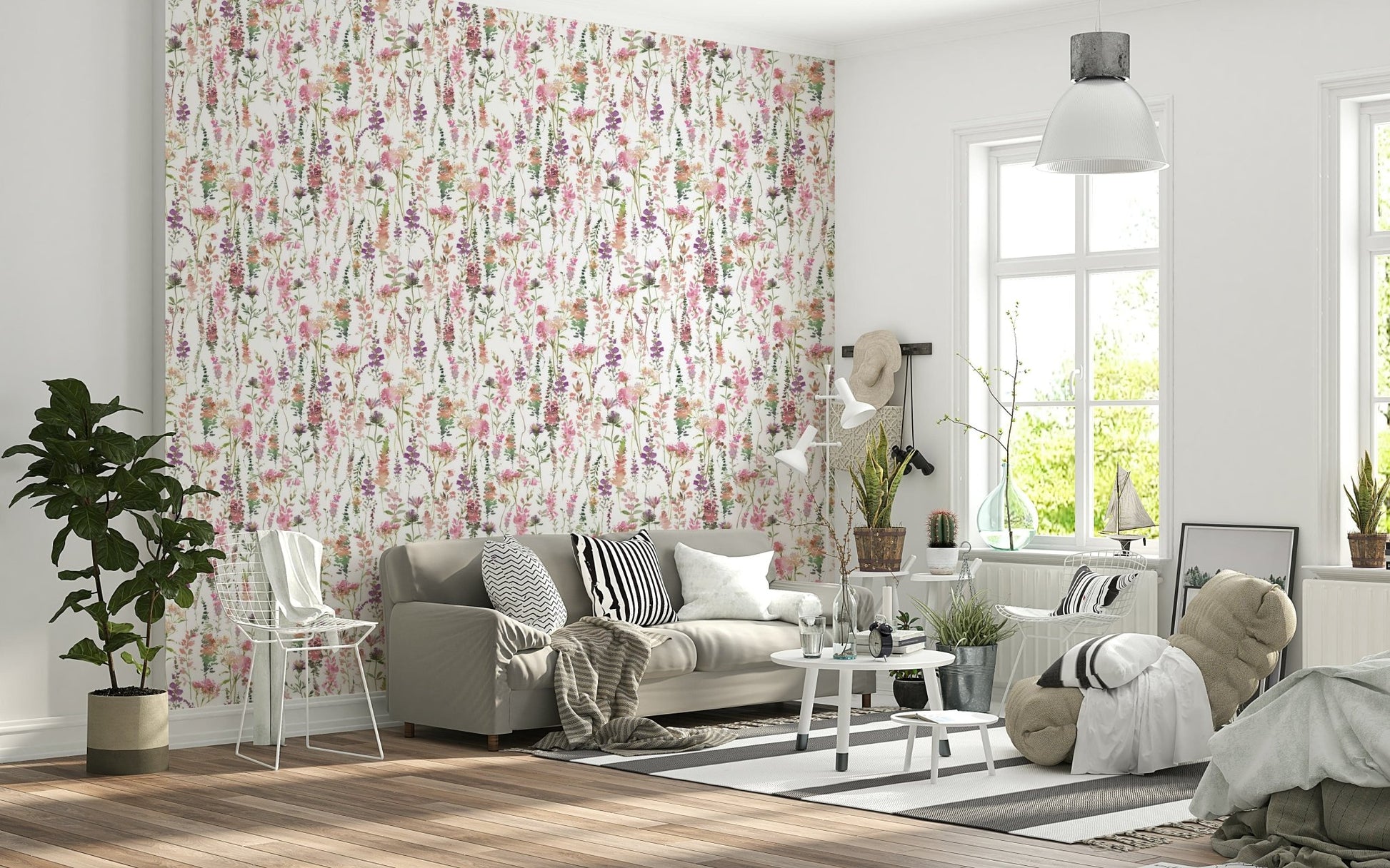 Elegant Pink Watercolor Meadow wall mural displaying spring meadow.