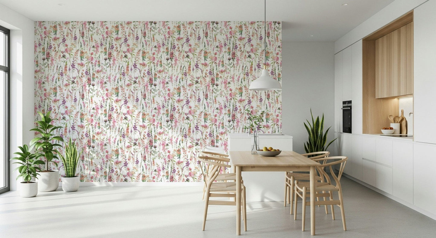 Pastel Pink Watercolor Meadow peel and stick wallpaper accents.