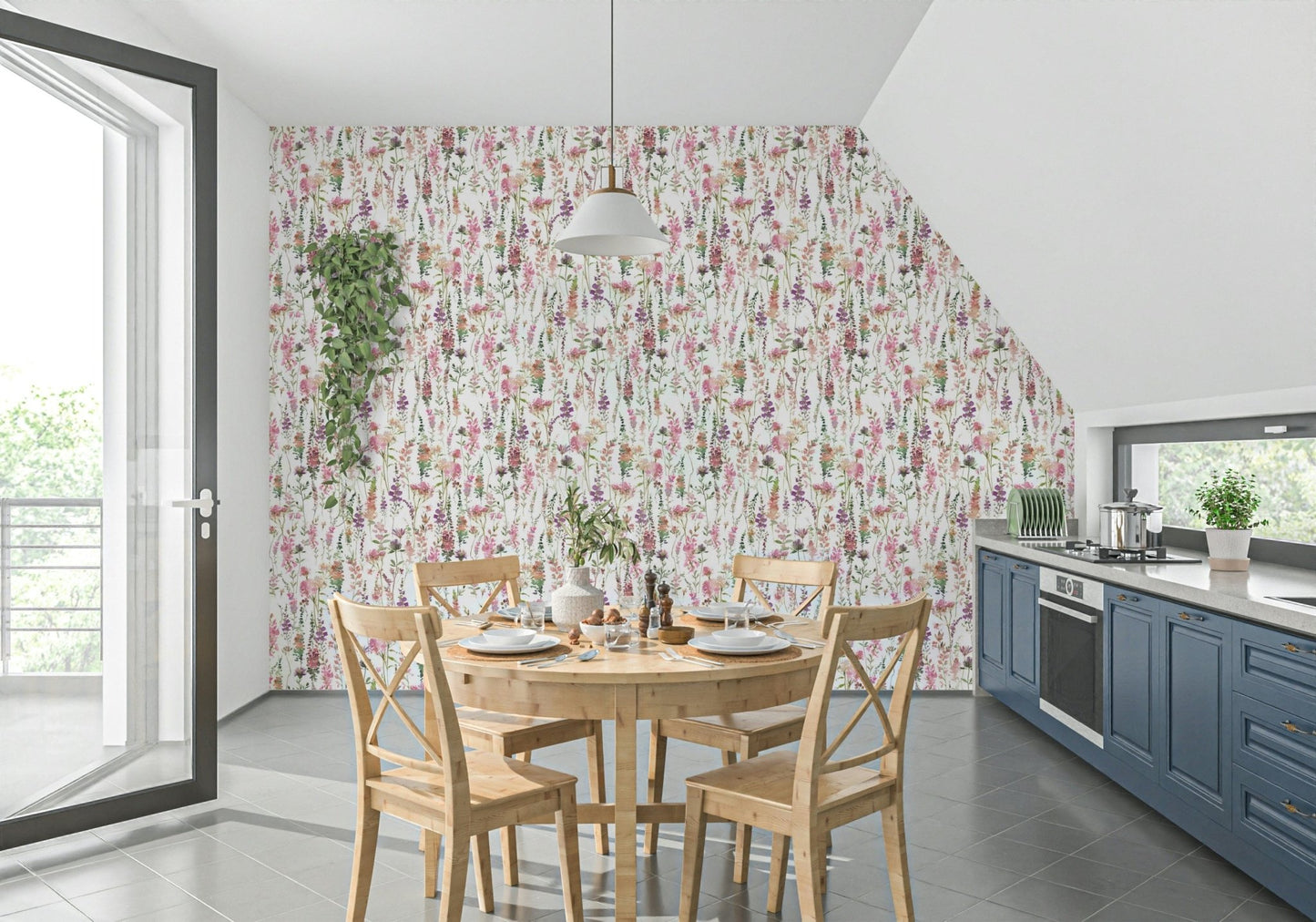 Delicate Pink Watercolor Meadow wallpaper for walls nature scenery.