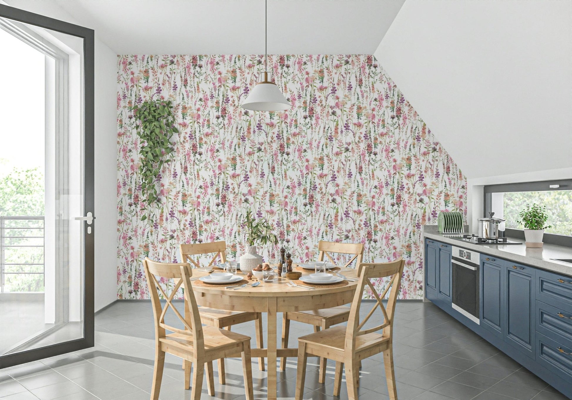 Delicate Pink Watercolor Meadow wallpaper for walls nature scenery.