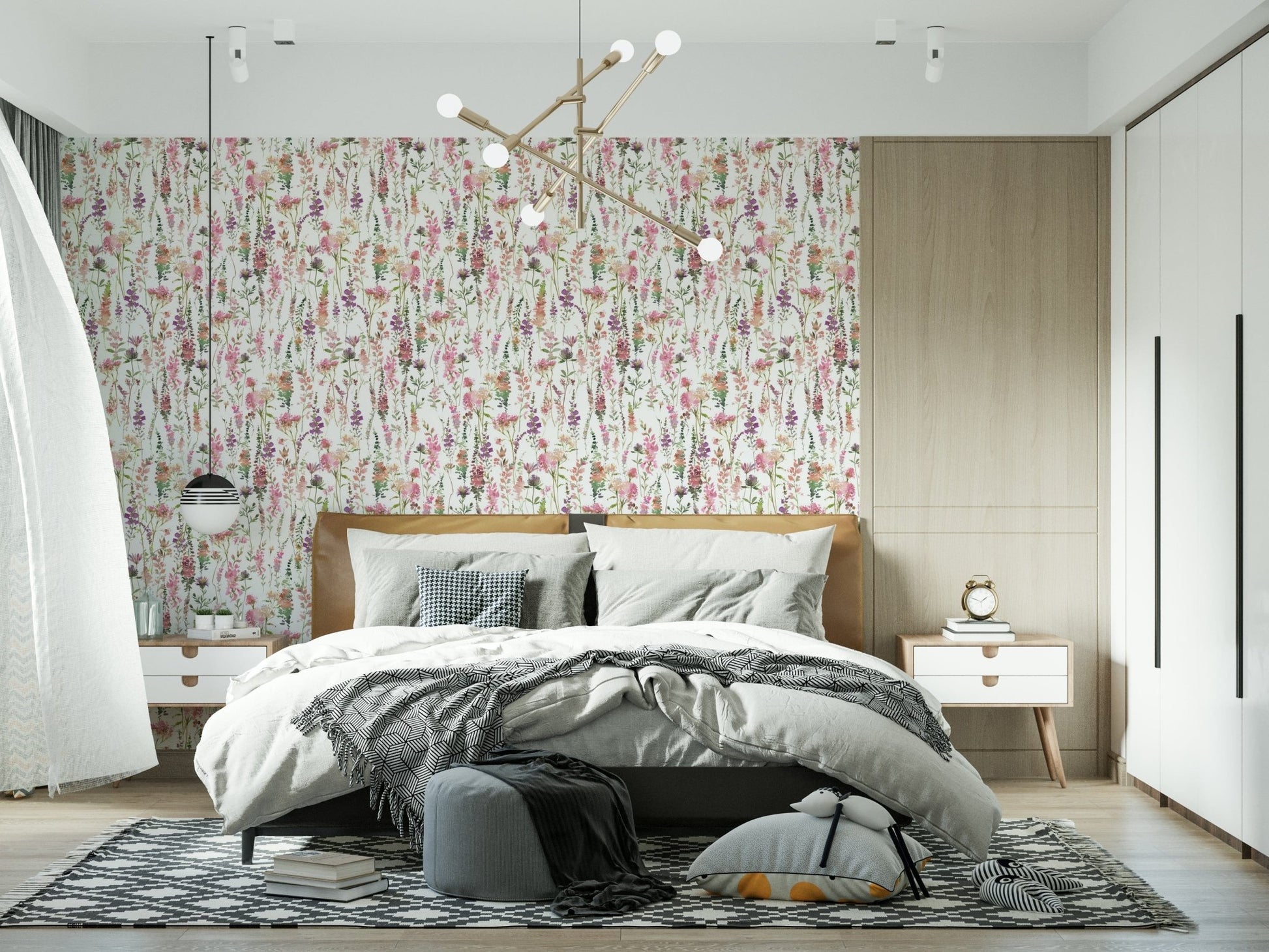 Artistic Pink Watercolor Meadow wallpaper for walls floral patterns.