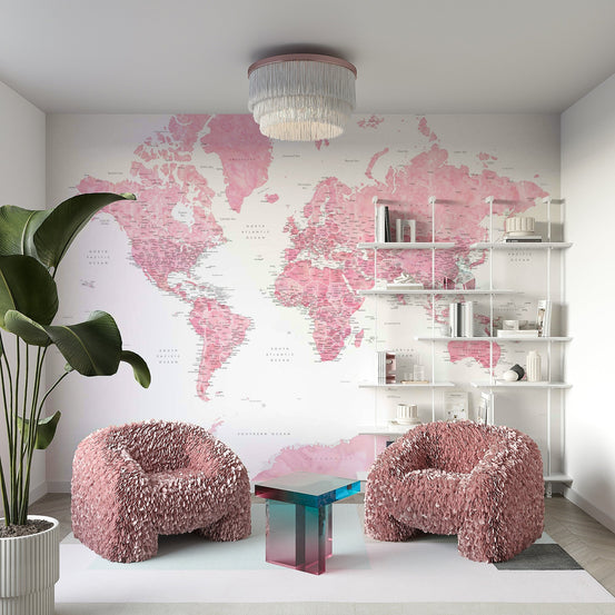 Pink watercolor world map wall art GD201

