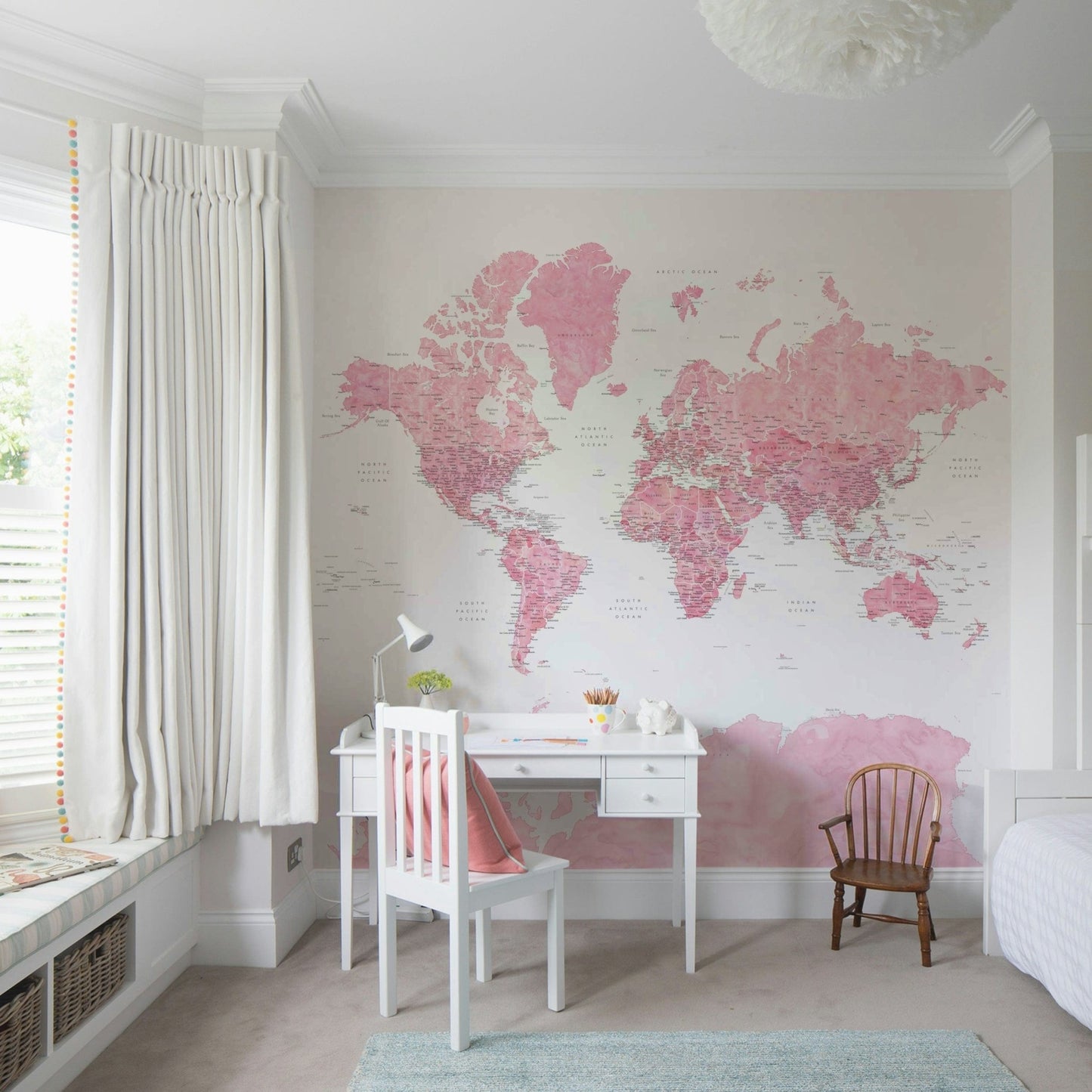 Pastel pink watercolor world map art

