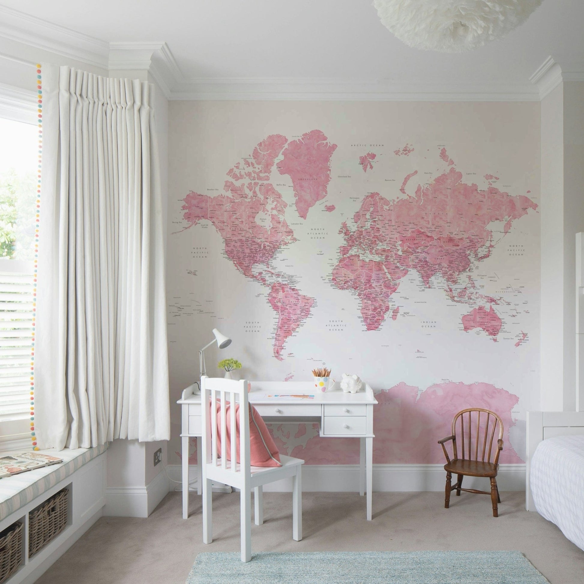 Pastel pink watercolor world map art

