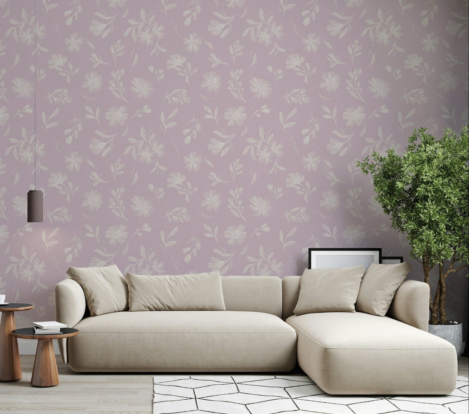 Pink Whisper Florals wallpaper showing cream blooms on a dusty pink ground GD7420
