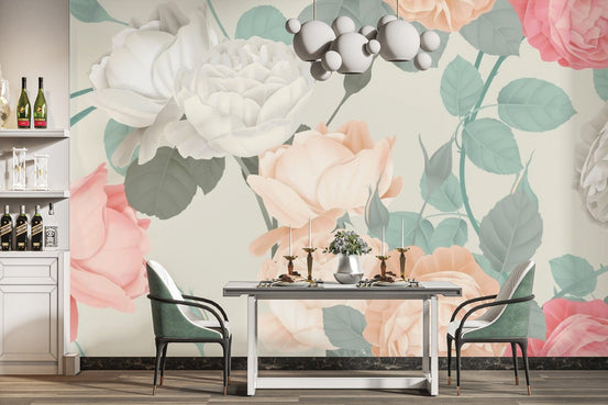 Large floral wallpaper mural with painted roses tropical-12
