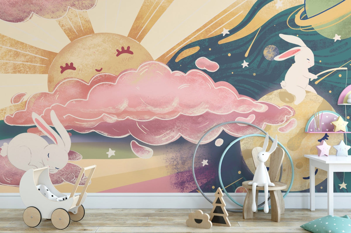 Pink and yellow sky mural with sun design A133