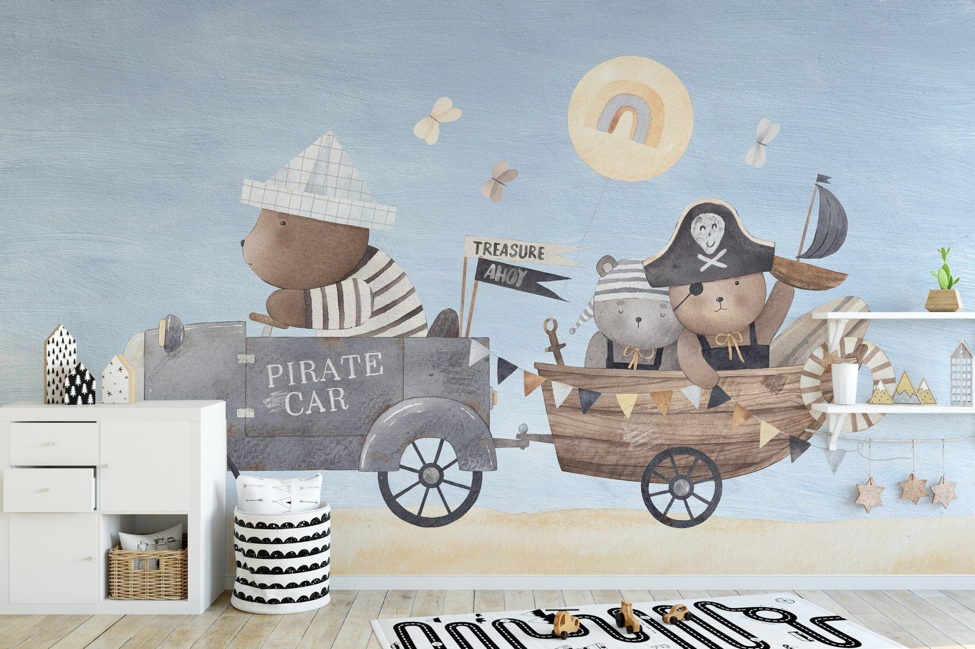 Vibrant pirate bear-themed wallpaper for adventurous kids., B328