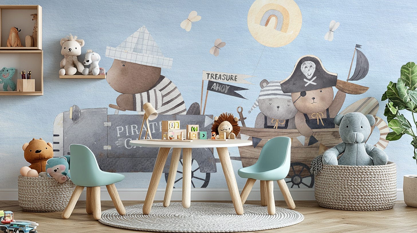 Playful pirate bear adventure wall mural wallpaper for kids' rooms., B328