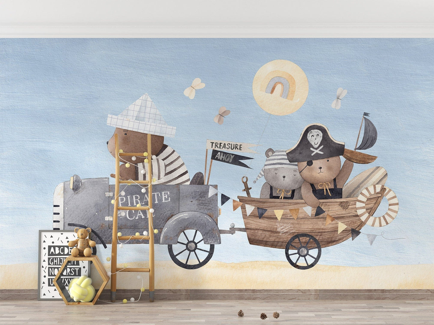 Delightful pirate bear-themed wall mural for magical kids' spaces., B328