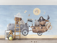 Delightful pirate bear-themed wall mural for magical kids' spaces., B328