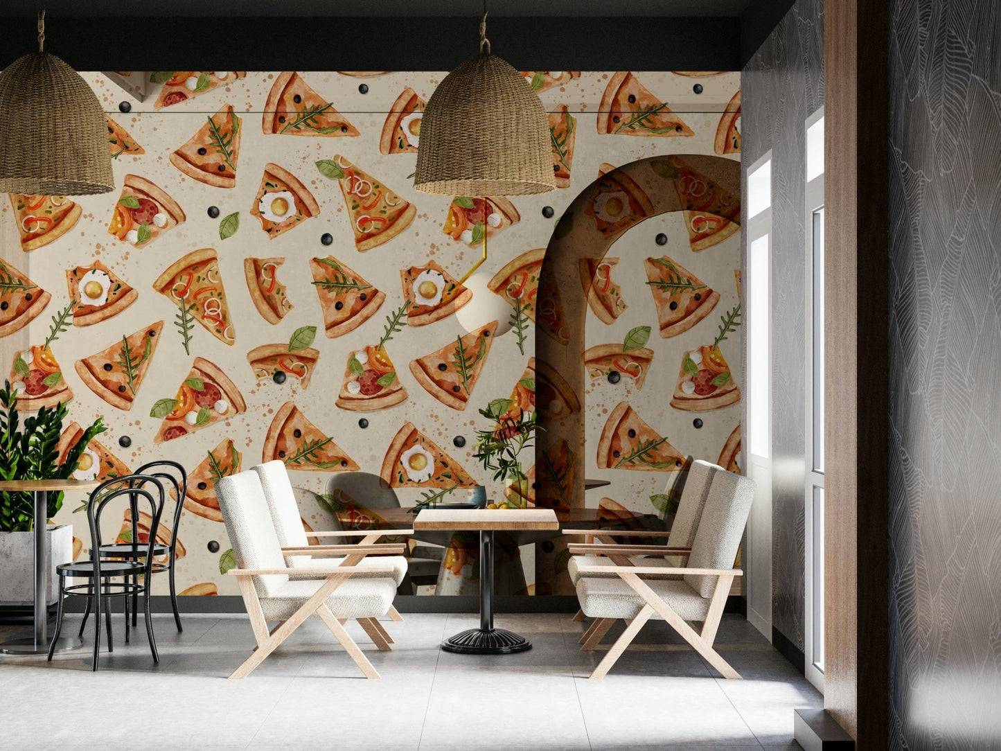 cafe wallpaper with pizza illustrations
