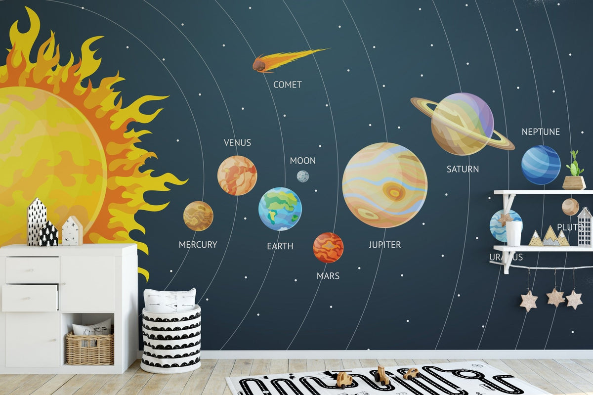 Cartoon planets solar system wallpaper mural B071