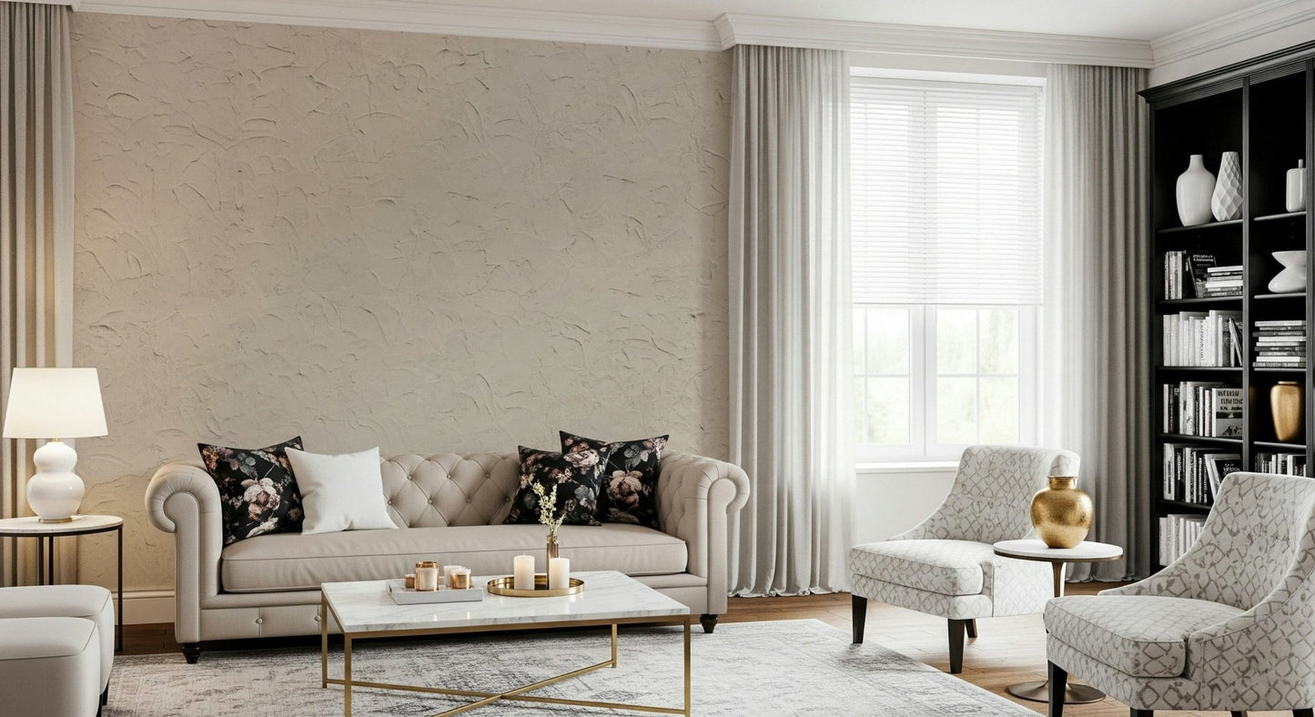 Corner installation showing the realistic texture of the Plastered Beige Wall Mural.