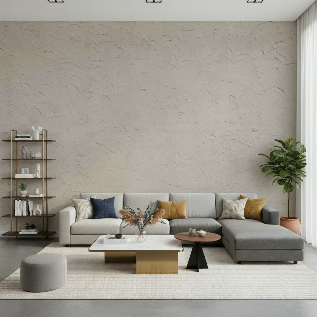 Plastered Beige Wall Mural installed in a bright living room., GD6178