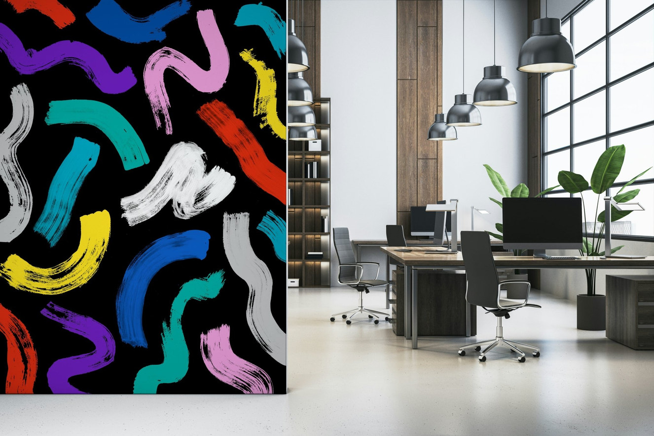 Joyful wallpaper mural featuring energetic, bright, painted curves and lines.